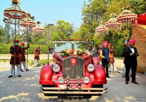 decorated vintage car for wedding waiting for groom
